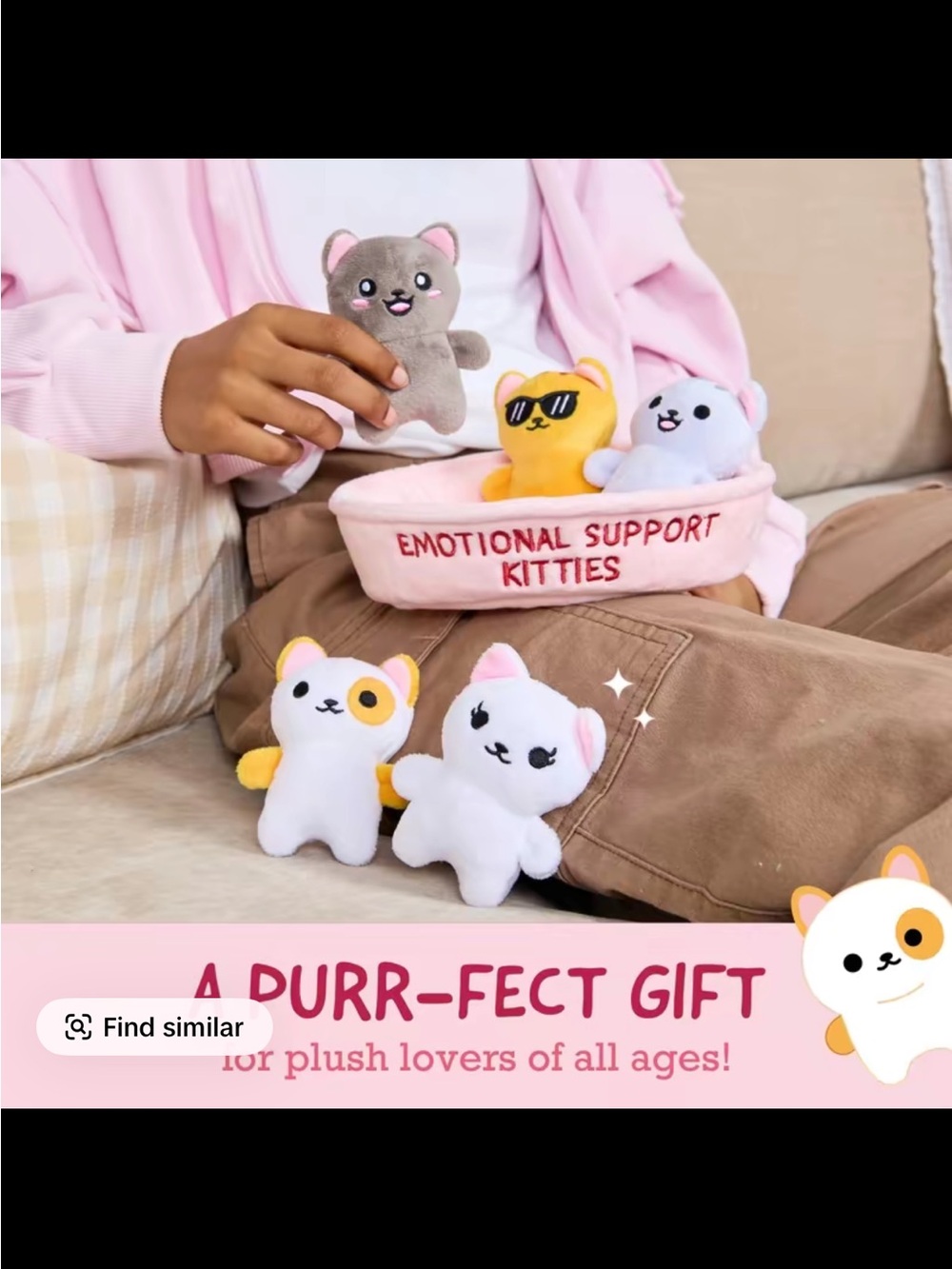 Emotional Support Kitties Plush Toy Set - Pink Bed with Five Soft Cats - Picture 2 of 3